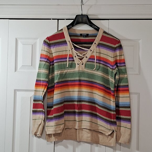 Chaps Colorful Stripe Lace Up V Neck Long Sleeve Sweater Women's - Picture 2 of 7